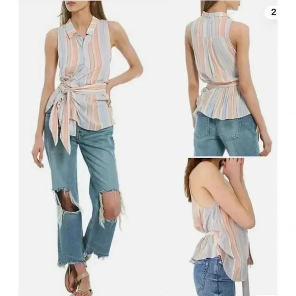 Free People Womens Blouse Size SP Sleeveless Striped Wrap Tie Waist Casual - Picture 1 of 10